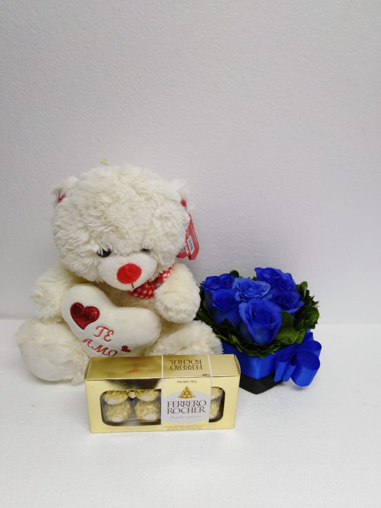 6 Rosas Azules en Caja Corazn, Bombones Ferrero Rocher 100Grs y Peluche de 26 cm 